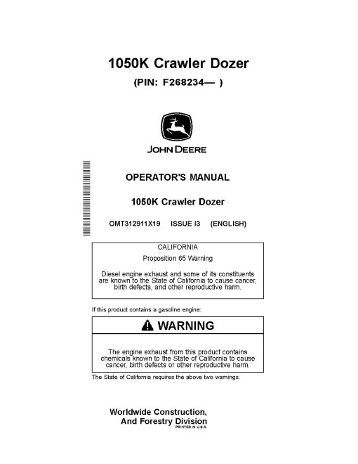 John Deere 1050K Crawler Dozers (SN. from F268234) Operators Manual (OMT312911X19)