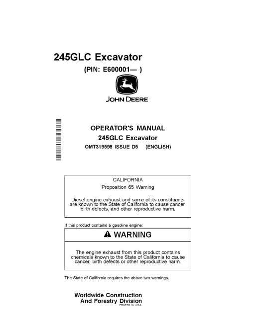 John Deere 245GLC Crawler Excavators (SN: from E600001) Operators Manual (OMT319598)