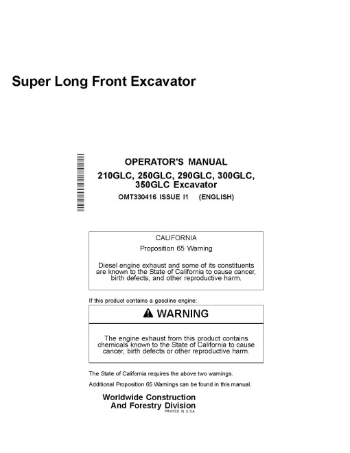 John Deere 210GLC, 250GLC, 290GLC, 300GLC, 350GLC Super Long Front Excavator Operators Manual Supplement (OMT330416)
