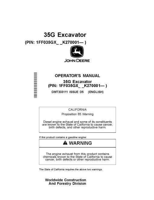 John Deere 35G Compact Excavators (PIN: from 1FF035GX_ _K270001) Operators Manual (OMT333111)