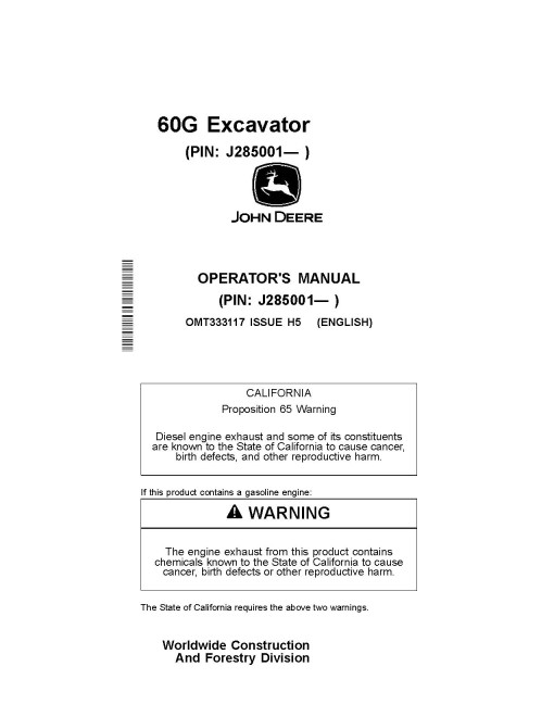 John Deere 60G Compact Excavators (PIN: from 1FF060GX_ _J285001) Operators Manual (OMT333117)