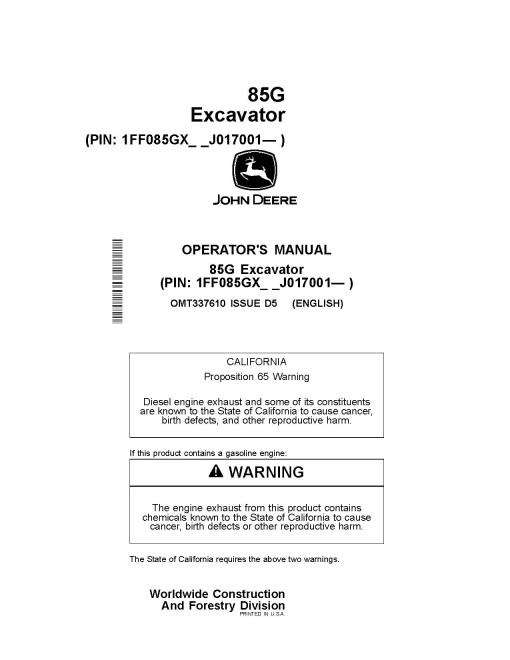 John Deere 85G Crawler Excavators, FT4 (PIN: from 1FF085GX_ _J017001) Operators Manual (OMT337610)