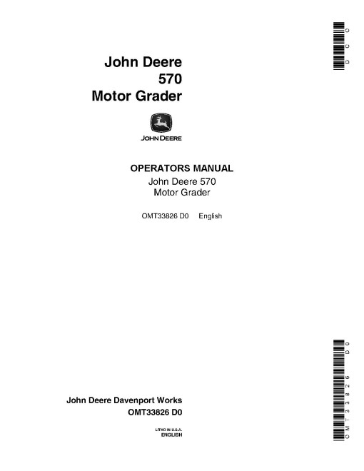 John Deere 570 Motor Graders Operators Manual (OMT33826)