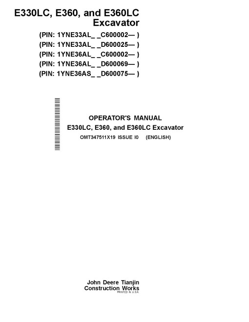 John Deere E330LC, E360 and E360LC Crawler Excavators (Gen A, SN. from C600002, D600069) Operators Manual (OMT347511X19)