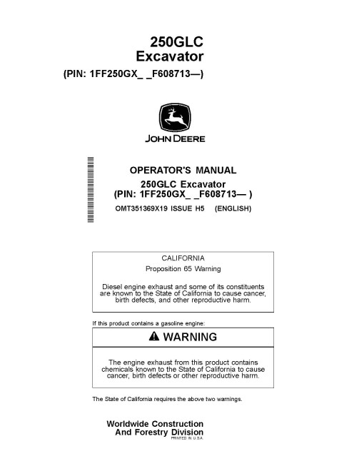 John Deere 250GLC Crawler Excavators (SN: from F608713) Operators Manual (OMT351369X19)