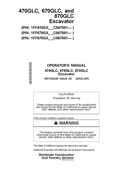 John Deere 470GLC, 670GLC and 870GLC Crawler Excavators (SN. from C047001) Operators Manual (OMT352329)