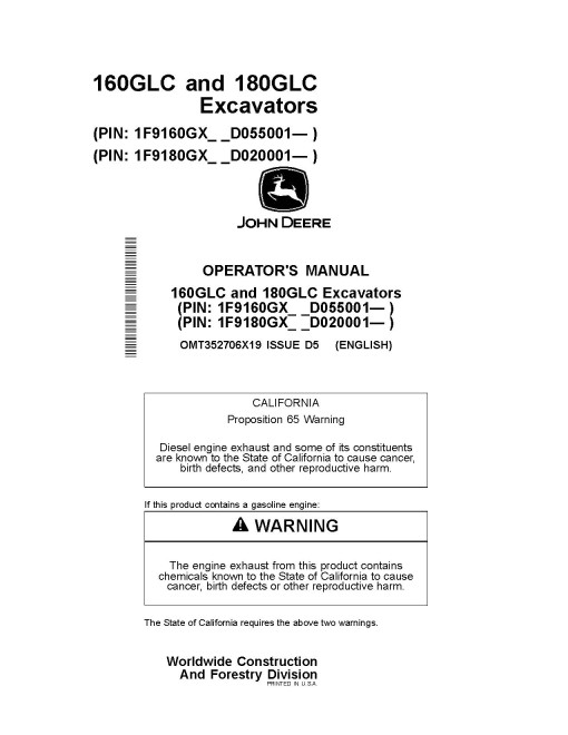 John Deere 160GLC (SN.from D055001), 180GLC (SN.from D020001), PIN prefix 1F9, Crawler Excavators Operators Manual (OMT352706X19)