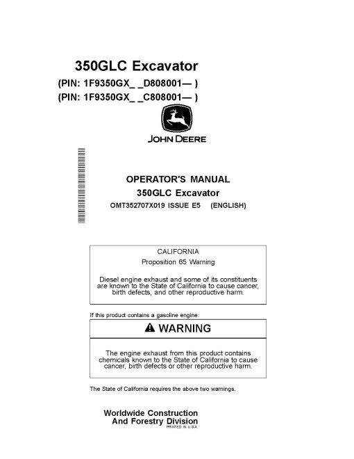 John Deere 350GLC Crawler Excavators (SN. from C808001, D808001), PIN prefix 1F9, Operators Manual (OMT352707X019)
