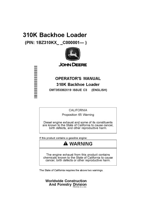 John Deere 310K (PIN from 1BZ310KX_ _C000001) Backhoe Loaders Operators Manual (OMT353392X19)