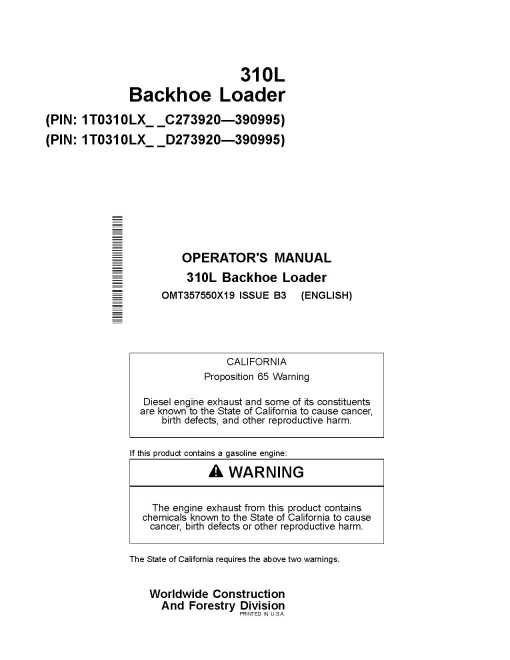 John Deere 310L (SN. from C273920, D273920) Backhoe Loaders Operators Manual (OMT357550X19)