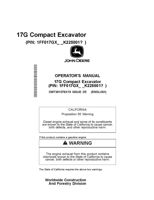 John Deere 17G Compact Excavators (PIN: from 1FF017GX_ _K225001) Operators Manual (OMT361076X19)