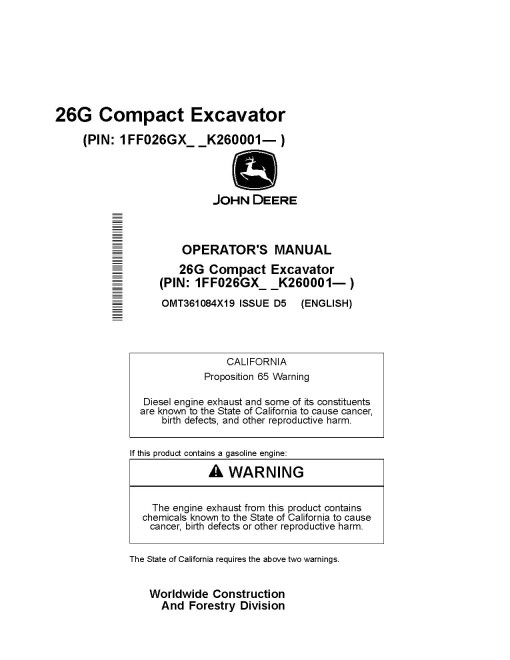 John Deere 26G Compact Excavators (PIN: from 1FF026GX_ _K260001) Operators Manual (OMT361084X19)