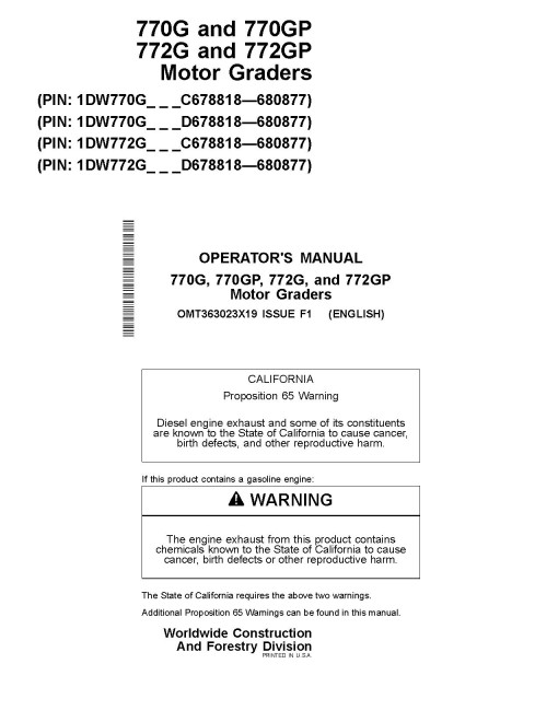 John Deere 770G, 770GP, 772G and 772GP Motor Graders (SN: C678818-680877, D678818-680877) Operators Manual (OMT363023X19)