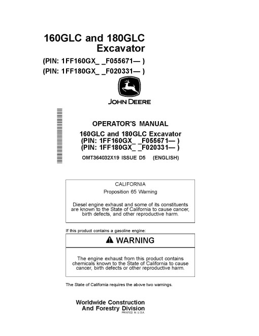John Deere 160GLC (SN: from F055671) and 180GLC (SN: from  F020331) Crawler Excavators Operators Manual (OMT364032X19)