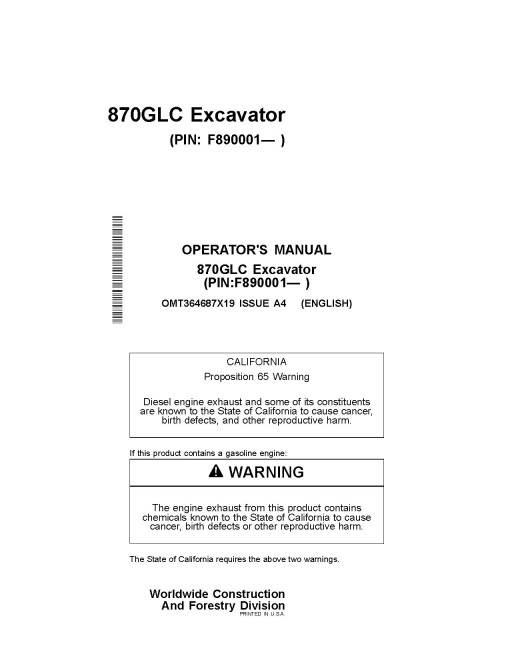 John Deere 870GLC Crawler Excavators (SN. from F890001) Operators Manual (OMT364687X19)