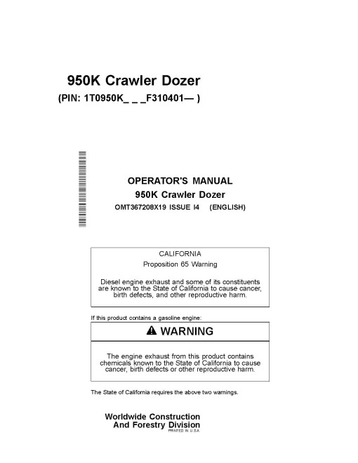 John Deere 950K Crawler Dozers (SN. from F310401) Operators Manual (OMT367208X19)