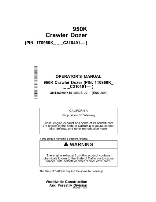 John Deere 950K Crawler Dozers (SN. from C310401) Operators Manual (OMT369304X19)