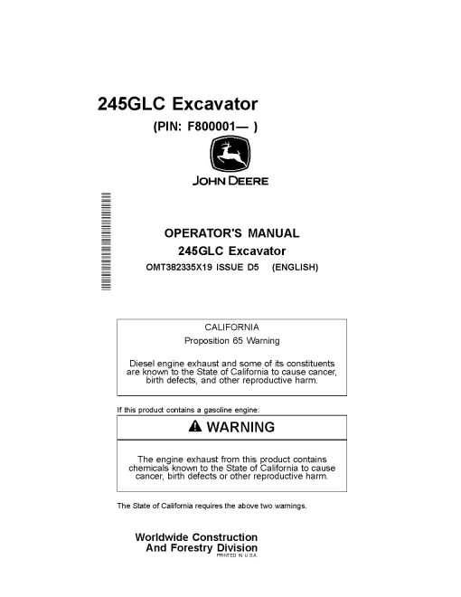 John Deere 245GLC Crawler Excavators (SN: from F800001) Operators Manual (OMT382335X19)