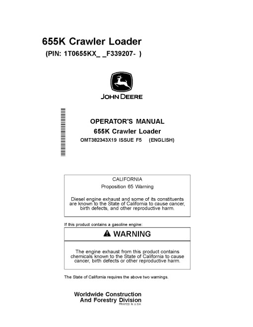John Deere 655K Crawler Loaders (SN: from F339207) Operators Manual (OMT382343X19)