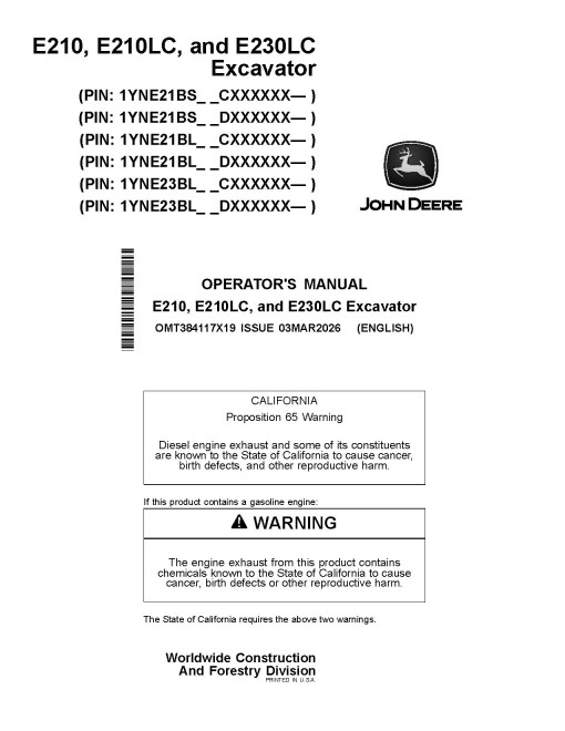 John Deere E210, E210LC and E230LC Crawler Excavators (Gen B, SN. from C000001, D00001) Operators Manual (OMT384117X19)