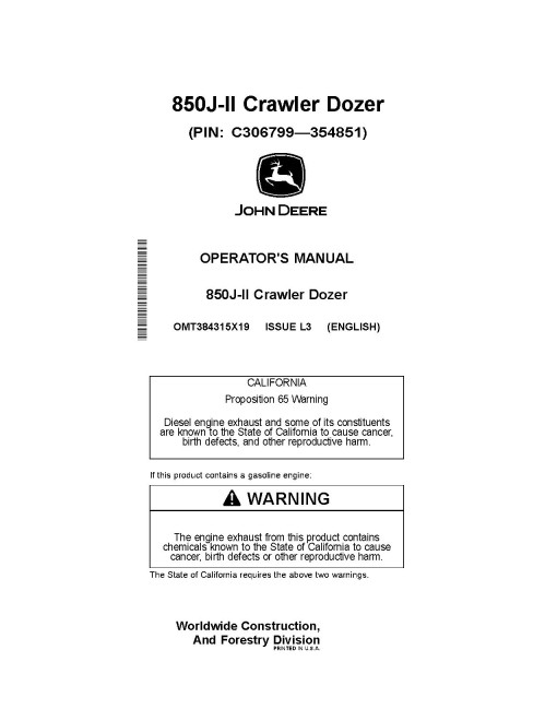 John Deere 850J-II Crawler Dozers (SN: from C306799) Operators Manual (OMT384315X19)
