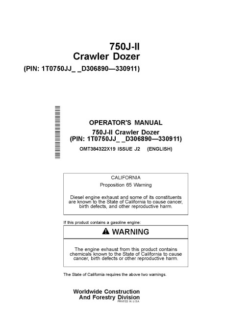 John Deere 750J-II Crawler Dozers (SN: D306890 - 330911) Operators Manual (OMT384322X19)