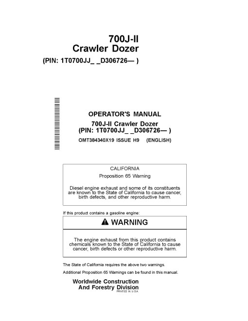 John Deere 700J-II Crawler Dozers (SN: from D306726) Operators Manual (OMT384340X19)