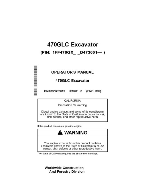 John Deere 470GLC Crawler Excavators (SN. from D473001) Operators Manual (OMT385302X19)
