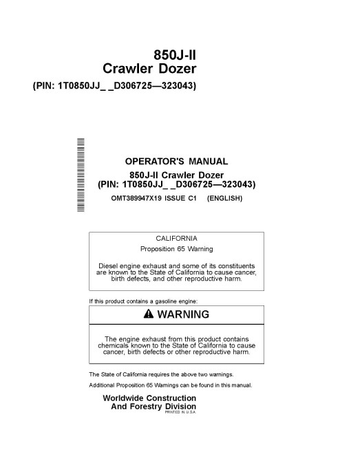 John Deere 850J-II Crawler Dozers (SN: D306725 - 323043) Operators Manual (OMT389947X19)