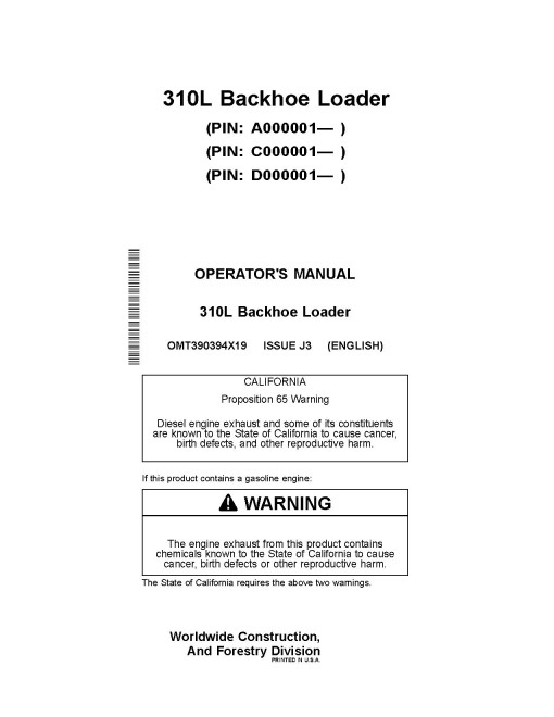 John Deere 310L (PIN from 1BZ310LA_ _A000001, C000001, D000001) Backhoe Loaders Operators Manual (OMT390394X19)