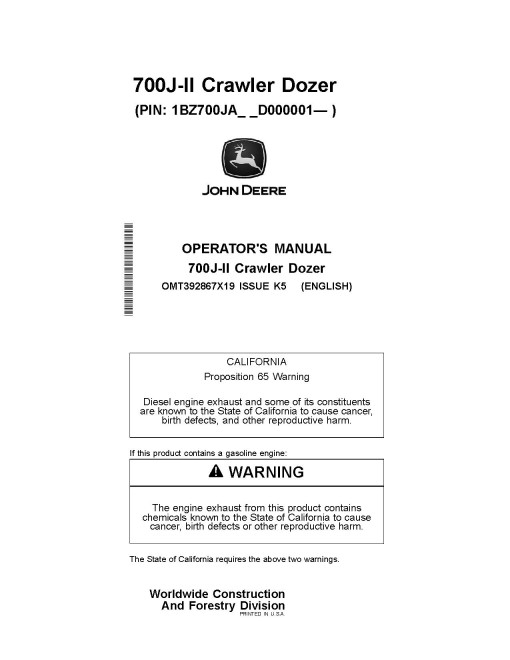 John Deere 700J-II Crawler Dozers (PIN: from 1BZ700JA_ _D000001) Operators Manual (OMT392867X19)