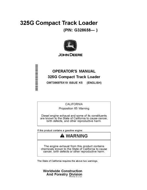 John Deere 325G Compact Track Loaders (SN: from G328658) Operators Manual (OMT396975X19)