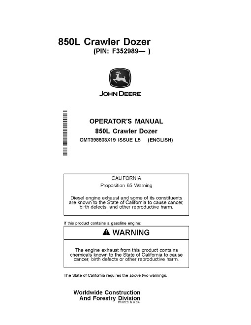 John Deere 850L Crawler Dozers (SN. from F352989) Operators Manual (OMT398803X19)