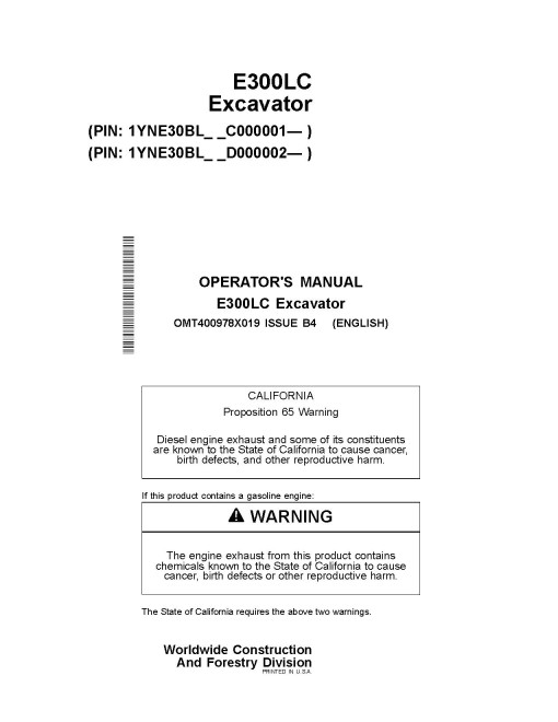 John Deere E300LC Crawler Excavators (Gen B, SN. from C000001, D000002) Operators Manual (OMT400978X019)
