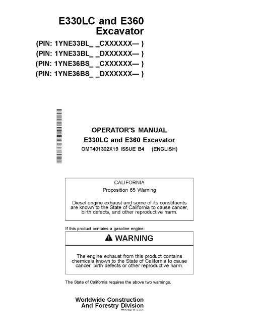 John Deere E330LC and E360 Crawler Excavators (Gen B, SN. from C000001, D000001) Operators Manual (OMT401302X19)