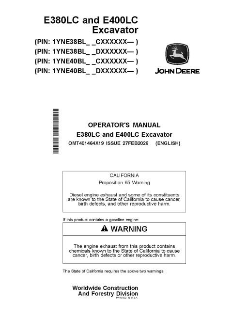 John Deere E380LC and E400LC Crawler Excavators (SN. from C000001, D000001) Operators Manual (OMT401464X19)