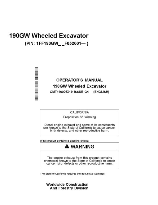 John Deere 190GW Wheeled Excavators (SN. from F052001) Operators Manual (OMT410025X19)