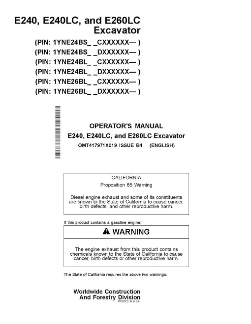 John Deere E240, E240LC and E260LC Crawler Excavators (Gen B, SN.from C000001, D000001) Operators Manual (OMT417971X019)