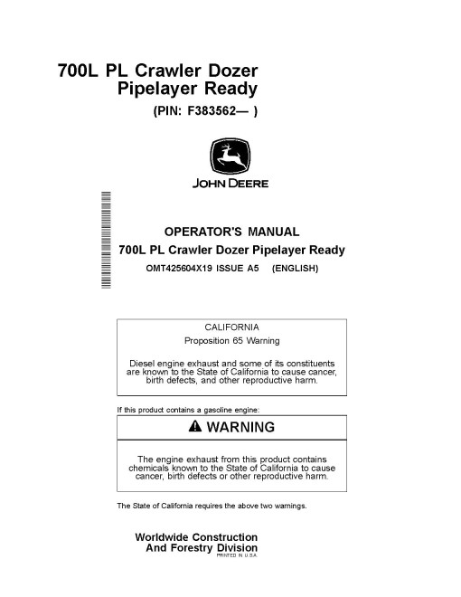 John Deere 700L PL Pipelayer Ready Crawlers (SN: from F383562) Operators Manual (OMT425604X19)
