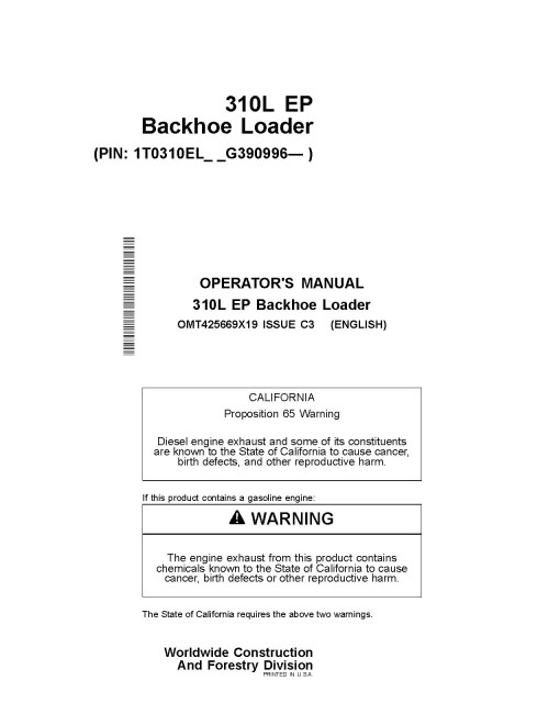 John Deere 310L EP (PIN from 1T0310EL_ _G390996) Backhoe Loaders Operators Manual (OMT425669X19)