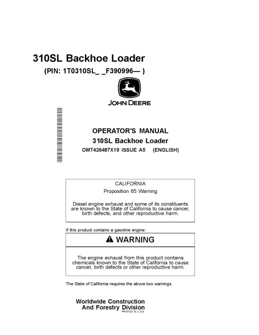 John Deere 310SL (PIN from 1T0310SL_ _F390996) Backhoe Loaders Operators Manual (OMT426487X19)