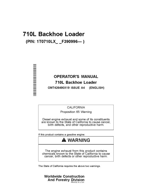 John Deere 710L (SN from F390996) Backhoe Loaders Operators Manual (OMT426490X19)