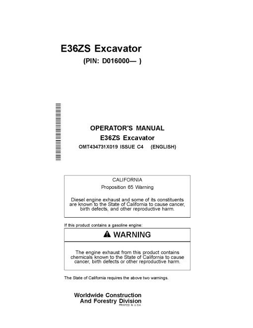John Deere E36ZS Compact Excavators (PIN: from WNCE036A_ _D016000) Operators Manual (OMT434731X019)
