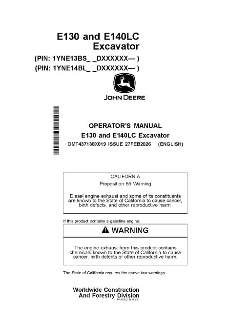 John Deere E130 (SN: from D000001) and E140LC (SN: from D000001) Crawler Excavators Operators Manual (OMT437138X019)