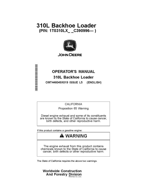 John Deere 310L (PIN from 1T0310LX_ _C390996) Backhoe Loaders Operators Manual (OMT446049X019)