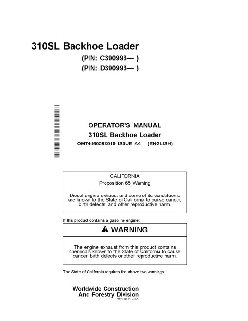 John Deere 310SL (PIN from 1T0310SL_ _C390996, D390996) Backhoe Loaders Operators Manual (OMT446059X019)