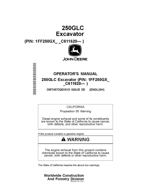 John Deere 250GLC Crawler Excavators (SN. from C611620), PIN prefix 1FF, Operators Manual (OMT457226X019)