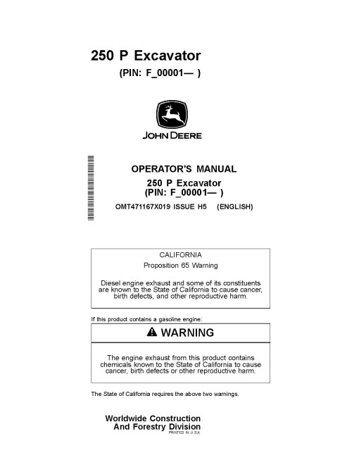 John Deere 250 P Crawler Excavators (SN.from F_00001), PIN prefix 1FF, Operators Manual (OMT471167X019)