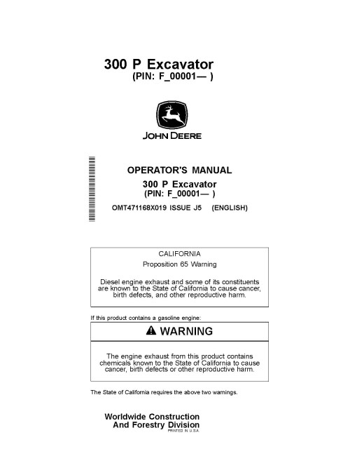 John Deere 300 P Crawler Excavators (SN. from F_00001) Operators Manual (OMT471168X019)