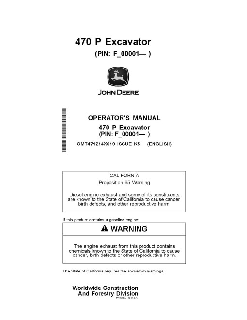 John Deere 470 P Crawler Excavators (SN. from F_00001) Operators Manual (OMT471214X019)